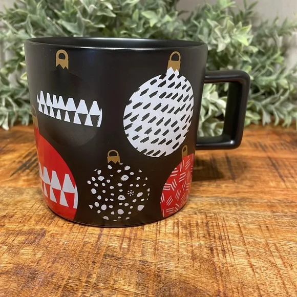 Starbucks Holiday Christmas Coffee Mug Cup With Ornaments Black White Red 14oz - Picture 3 of 9